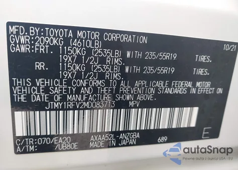 2021 Toyota Rav4 Limited z USA, uszkodzony, nr VIN JTMY1RFV2MD083713